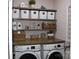 Laundry room with front load washer and dryer, folding table, and organized shelving at 3216 Bridgewick Rd, Waxhaw, NC 28173