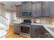 Kitchen with grey cabinets, stainless steel appliances, and granite countertops at 104 Bryant St, Belmont, NC 28012