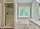 Bathroom featuring a walk-in shower, a soaking tub, and a vanity sink at 11339 Fox Hill Dr, Charlotte, NC 28269