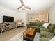 Cozy living room with plush sectional, fireplace, television and open concept to the dining area at 2900 Heathstead Pl # A, Charlotte, NC 28210