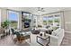 Spacious living room with a stone fireplace, large windows, and comfortable seating at 419 Balboa St, Matthews, NC 28104