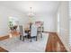 Formal dining room featuring hardwood floors, chandelier lighting, white wainscoting, large window and a neutral rug at 7329 Kennington Ct, Charlotte, NC 28270