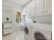 Bright laundry room with white cabinetry, a sink, and modern washer and dryer units at 7329 Kennington Ct, Charlotte, NC 28270