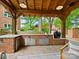 Covered outdoor kitchen with brickwork, stainless steel features and granite countertops perfect for backyard entertainment at 7329 Kennington Ct, Charlotte, NC 28270