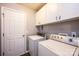 Cozy laundry room with white cabinets above appliances, white walls and a door at 102 Brewster Ct, Mooresville, NC 28115