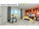 Vibrant room featuring a drum set, orange wall, and unique decor, perfect for a creative and energetic individual at 157 Saidin Ln, Troutman, NC 28166