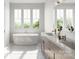 Modern bathroom with a soaking tub, double vanity, marble countertops, and large windows at 2530 Elkwood Cir, Charlotte, NC 28205