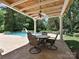 Outdoor patio with seating overlooks the pool, perfect for entertaining at 3600 Carmel Rd, Charlotte, NC 28226