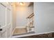 Staircase featuring carpeted stairs and a wooden railing at 6322 Old Pineville Rd # E, Charlotte, NC 28217