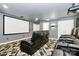 This is a home theater featuring a projector, movie screen, and tiered seating at 14125 Derby Farm Ln, Charlotte, NC 28278