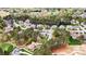 Overhead view of a house and neighborhood surrounded by lush greenery including a golf course and tennis courts at 1742 Verdict Ridge Dr, Denver, NC 28037
