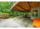 View of the home's covered patio with table and chairs overlooking a tree-filled backyard at 2108 Clarion Dr, Fort Mill, SC 29707