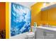 Bathroom with yellow walls, a shower with a unique curtain, and a white sink and toilet at 41 Fleetwood Sw Dr # 44, Concord, NC 28027