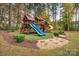 Inviting backyard playground featuring a wooden playset, slides, and surrounding mulch beds at 472 Barber Loop, Mooresville, NC 28117