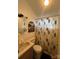 Small bathroom featuring a shower with a leaf-patterned curtain, sink, and toilet at 109 Hummingbird Cir, New London, NC 28127
