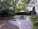 Landscaped patio features brick pavers, fire pit, seating and table with umbrella at 3725 Plumgrove Ct, Charlotte, NC 28210