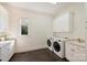 Bright laundry room featuring modern washer and dryer units, built-in cabinets and a sink at 5225 Lila Wood Cir, Charlotte, NC 28209