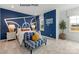 Stylish bedroom with blue accent wall, basketball decor, and a comfortable seating area at 11020 Tyler Brook Ln # Oak0035, Mint Hill, NC 28227