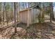 Outdoor shed surrounded by trees and fallen leaves. Ready to store all your gardening needs at 19320 Davidson Concord Rd, Davidson, NC 28036