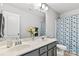 Bathroom featuring a double sink vanity with a large mirror, blue-gray cabinets, and a shower/tub at 4462 Haddington Dr, Fort Mill, SC 29707