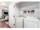Convenient laundry area with shelving for storage, next to the Living Room at 5011 Sharon Rd # B, Charlotte, NC 28210