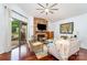 Cozy living room with vaulted ceiling, stone fireplace, and sliding door leading to the deck at 5011 Sharon Rd # B, Charlotte, NC 28210