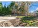 Landscaped backyard featuring a concrete patio and a backdrop of mature trees and a black fence at 2439 Bergamot St, Fort Mill, SC 29708