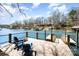 Inviting lakeside deck with Adirondack chairs offering stunning views and easy access to the water at 353 Whippoorwill Rd, Mooresville, NC 28117