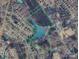 Aerial view highlighting the Mint Hill property, encompassing lush woodlands and serene lake at 13828 Lake Bluff Dr, Matthews, NC 28105