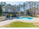 Picturesque backyard with a sparkling pool, stone patio, outdoor seating, and lush greenery for relaxation at 4552 Sawgrass Ct, Denver, NC 28037