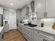 A modern kitchen with stainless steel appliances, gray cabinets, and quartz countertops at 702 Yucatan Dr, Waxhaw, NC 28173