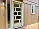 Modern front door with glass panels and light fixture, accented by charming exterior details at 9009 Cebu Ct, Fort Mill, SC 29708