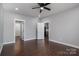 Bright bedroom with a ceiling fan, hardwood floors, and closet at 1282 Beal Rd, Lincolnton, NC 28092