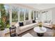 Cozy living room boasts large windows with a view of the backyard, a comfortable sofa, and modern decor at 2027 Meadowood Ln, Charlotte, NC 28211