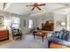 Cozy living room with vaulted ceilings, a brick fireplace, and comfortable blue furniture at 10031 Bora Bora Dr, Tega Cay, SC 29708