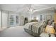 Spacious main bedroom featuring vaulted ceiling, a ceiling fan, and french doors leading to the outdoor deck at 10031 Bora Bora Dr, Tega Cay, SC 29708