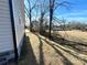 Side yard with newly laid straw, and scattered mature trees, and gray siding of home at 1350 Russell St, Rock Hill, SC 29730