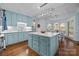 Charming kitchen featuring blue cabinets, a center island, hardwood floors and an adjacent dining area at 4739 Binfords Ridge Rd, Charlotte, NC 28226