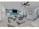 Bright living room with custom built-ins, fireplace, and glass doors leading outside at 4739 Binfords Ridge Rd, Charlotte, NC 28226