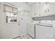 Functional laundry room featuring white cabinets, open shelving, and a modern washer and dryer set for household convenience at 2659 Surrey Dr, Lincolnton, NC 28092