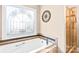 Relaxing tub in bathroom area featuring decorative window and tiled surround at 305 Chancelot Ln, Fort Mill, SC 29708