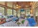 Bright sunroom featuring a fireplace, wood ceiling, and comfortable seating at 3759 Sand Wedge Dr, Gastonia, NC 28056