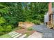 Spacious backyard with wood deck, landscaped with steps and lush trees at 1133 Bloom Wood Ln, Matthews, NC 28105