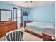 Comfortable blue bedroom with a ceiling fan, mounted TV, and matching furniture at 3247 Bamburgh Ct, Charlotte, NC 28216