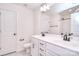 Bathroom featuring double sinks, granite counters and a shower with new fixtures at 107 Megby Trl, Statesville, NC 28677