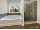 Modern bathroom with soaking tub, glass shower, and natural light at 13903 Mallard Roost Rd, Charlotte, NC 28262