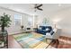 Comfortable living room featuring a blue sofa, stylish chairs, and ample natural light through the windows at 1645 Unison Dr, Charlotte, NC 28262