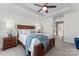 Beautiful main bedroom featuring a tray ceiling, ceiling fan, wood furniture and a comfy king size bed at 1645 Unison Dr, Charlotte, NC 28262