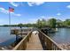Waterfront home features a private wooden dock with an American flag and boat slip at 141 Baywatch Dr, Mooresville, NC 28117