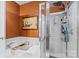 Modern bathroom with a soaking tub, a separate glass shower, and a stylish paint color at 157 Talbert Town Loop, Mooresville, NC 28117